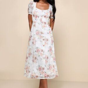 Lulus Moment Of Beauty White Floral Print Button-front Midi Dress - Size S